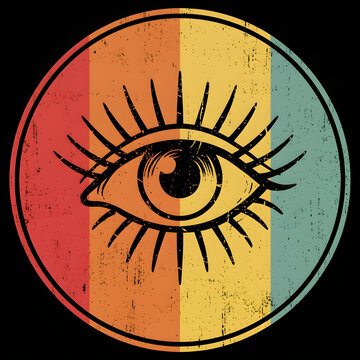 Retro vintage eye illustration with colorful stripes and grunge texture