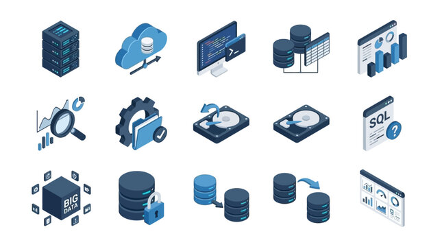 Big data center and server isometric icons.