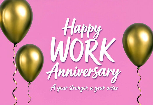 Celebrate your work anniversary with golden balloons and a cheerful message on pink background