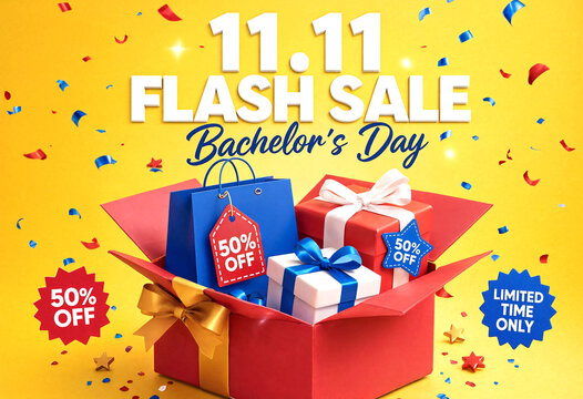 Colorful bachelor day flash sale advertisement with gift boxes and shopping bags on yellow background