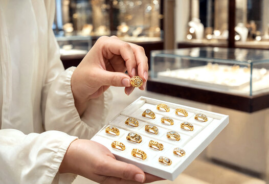 Closeup view of a person selecting an elegant gold ring from a jewelry store display tray