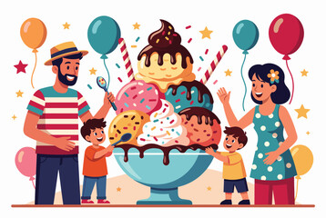Naklejka premium Joyful family of four gathers around a massive ice cream sundae bowl decorated with sprinkles and colorful balloons.