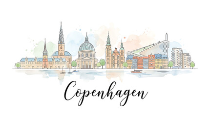 Fototapeta premium Stylized watercolor cityscape of Copenhagen featuring iconic architecture and serene waterfront views in an artistic digital