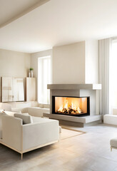 Fototapeta premium Modern living room interior design with cozy fireplace, luxury home comfort and contemporary architecture