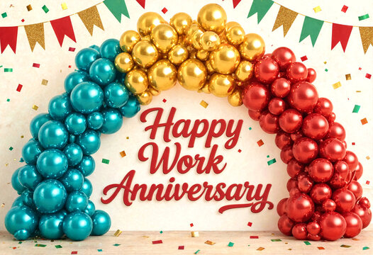 Colorful balloon arch decoration with happy work anniversary text and festive confetti background