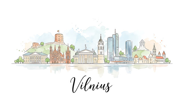 Beautiful watercolor cityscape of Vilnius showcasing historic and modern architecture with lush greenery and vibrant city elements