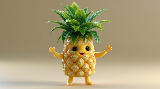 Adorable cartoon pineapple character with happy expression standing against a soft studio background with cheerful arms raised
