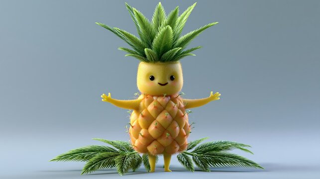 Happy cartoon pineapple character with outstretched arms in a light blue studio setting with green leaves