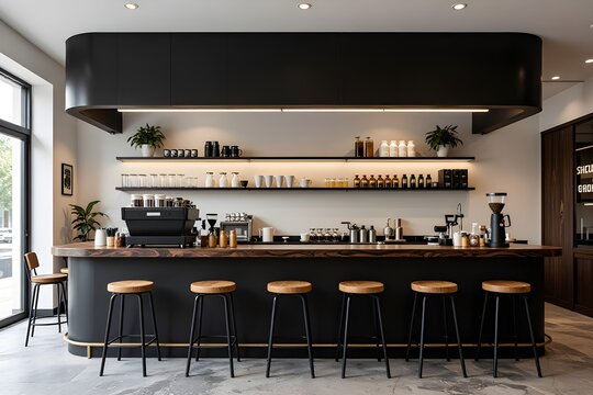 A sleek, modern coffee shop bar with minimalist design features, perfect for stylish cafes focused on a clean aesthetic.