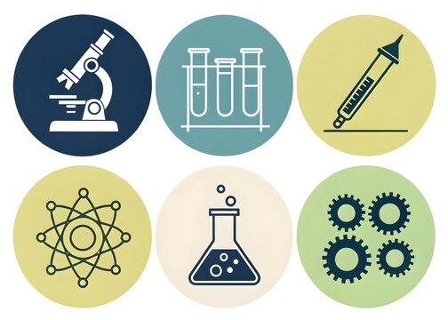 Scientific research icons including microscope test tubes dropper atom flask and gears isolated on transparent background