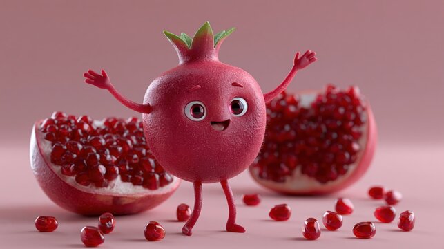 Joyful cartoon pomegranate character dancing with ripe fruit halves against a soft pink studio background