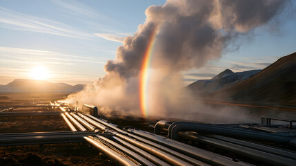 Fototapeta premium Sunlight Refracting Through Rising Steam in a Scenic Field with Rainbow Effect at Sunrise