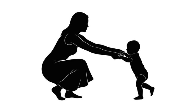 Mother crouching down holding hands helping her small toddler take first steps isolated black silhouette with toddler while learning walk white background