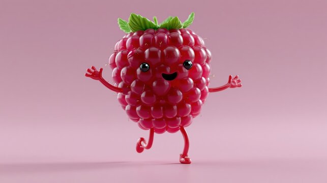 Happy cartoon raspberry character dancing with joy on a soft pink background during a studio photoshoot