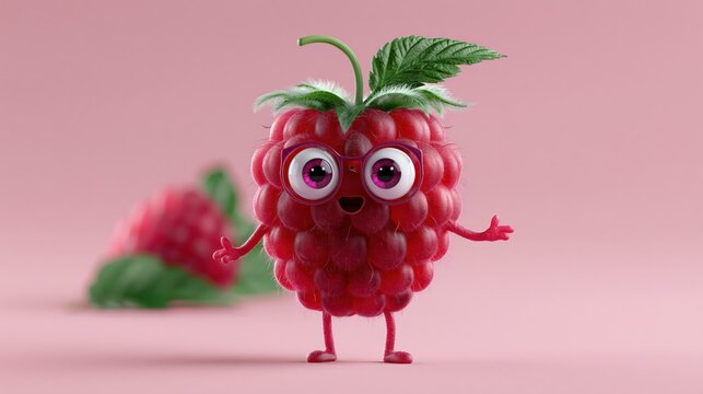 Animated raspberry character with wide eyes and arms extended stands on a pink background with a blurred raspberry behind it