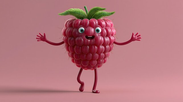 Happy anthropomorphic raspberry character dancing with joy on a smooth pink background with soft lighting