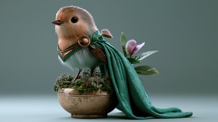 Fototapeta premium Small robin bird wearing a green cape and gold adornment sitting on moss in a decorative bowl during soft studio lighting