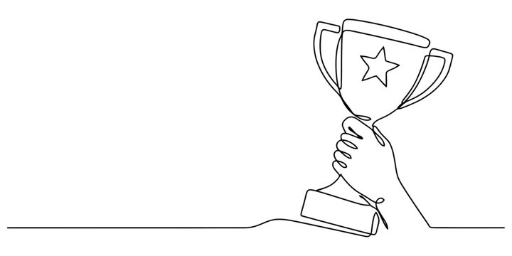Continuous single line drawing of a human hand holding a trophy cup with a star icon representing success victory achievement winning and championship concept in a simple minimalist style
