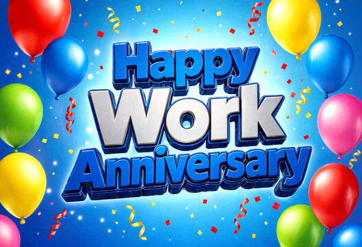 Colorful happy work anniversary celebration with balloons and confetti in vibrant design