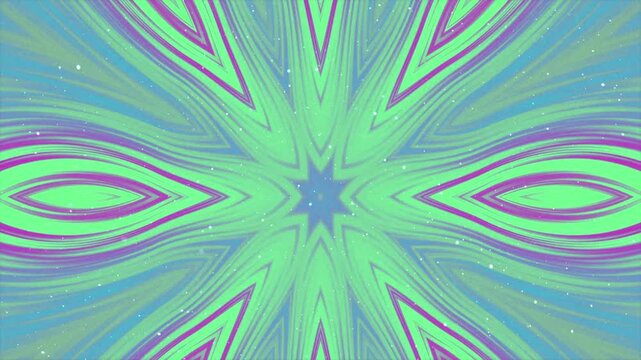 Abstract digital background with symmetrical green and purple flowing wavy lines.