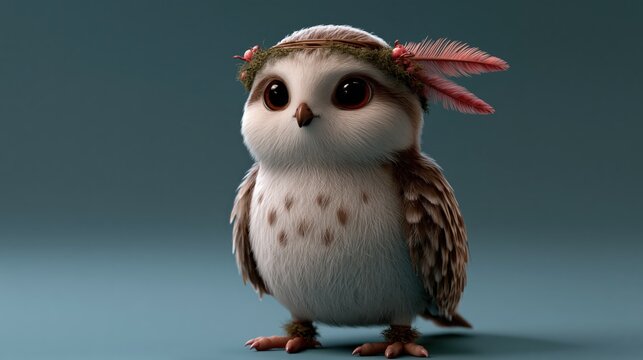 Adorable fluffy baby owl with feather headdress in soft studio lighting with copy space for text