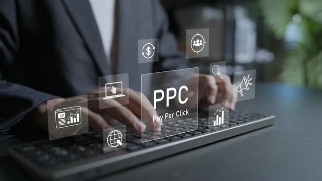 PPC Pay Per Click advertising concept. Person typing keyboard with cursor click, target and money icons, digital marketing campaign, paid search ads and conversion optimization.