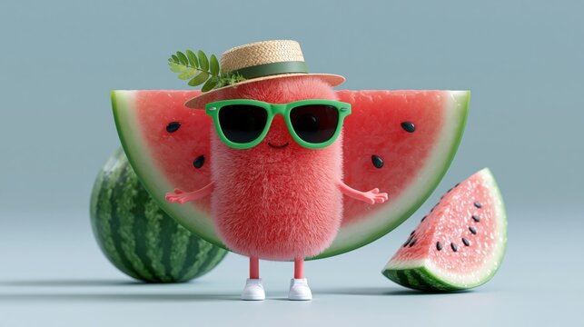 Fuzzy red character with sunglasses and straw hat stands happily with watermelon slices and whole fruit on a light blue background