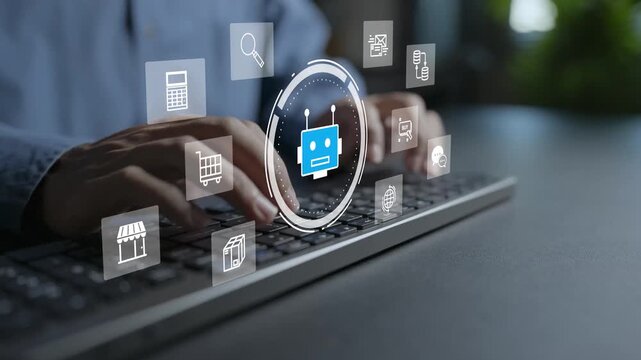 Autonomous AI shopping agent platform concept. Person typing keyboard with intelligent bot, deal finder and payment icons, automated online shopping solution and smart consumer tech.