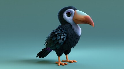 Naklejka premium Cute cartoon toucan bird standing against a smooth teal background with soft studio lighting and shallow depth of field
