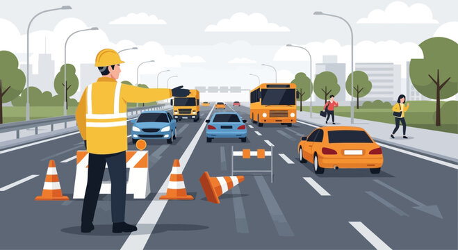 Traffic controller directing vehicles on a busy highway with construction signs