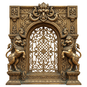 Grand South Indian temple window with mythical guardians, floral lattice and elaborate aged bronze ornament