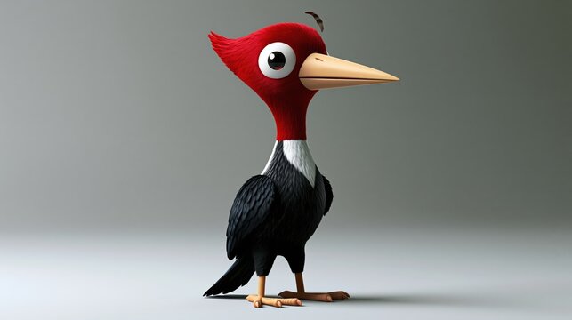 Whimsical cartoon woodpecker character with red head and white collar standing against a clean studio backdrop