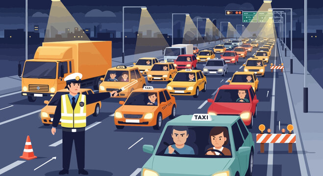 Traffic Controller Directs Busy Highway Traffic Jam at Night