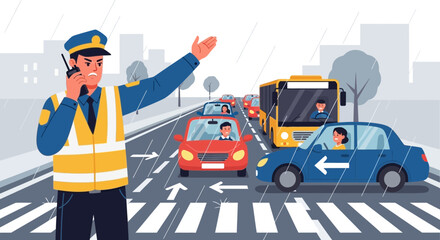 Naklejka premium Traffic Cop Directing Cars in Rainy City Street