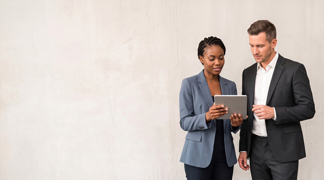 Two Business people discussing work on a digital tablet. Corporate teamwork and partnership with copy space