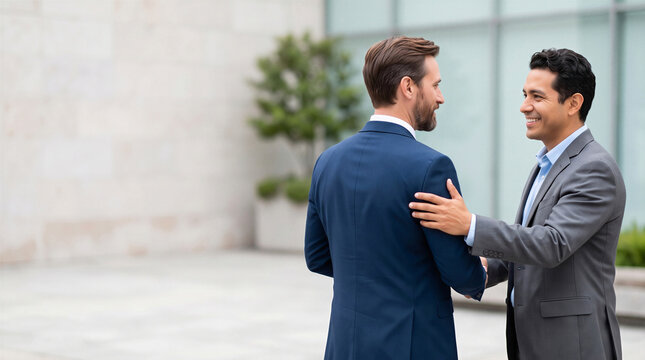 Two happy businessmen shaking hands for corporate partnership and successful deal