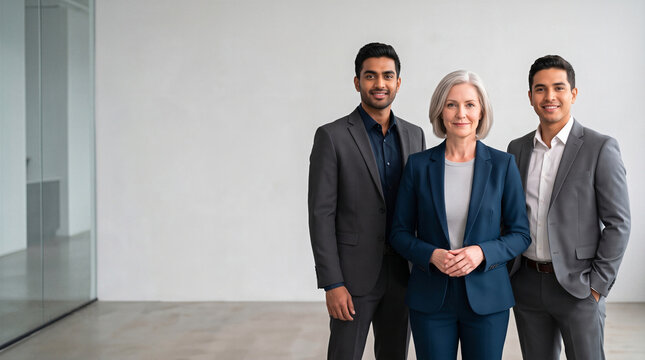 Diverse corporate business team smiling in a modern office. Leadership, teamwork and success with copy space