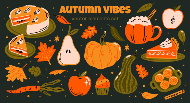 Cozy autumn cartoon vector set with illustration of pumpkin spice seasonal flavored food and drinks elements, pumpkin or apple pie, lattes, pear, mug, desserts, pastry, confections and fall leaves
