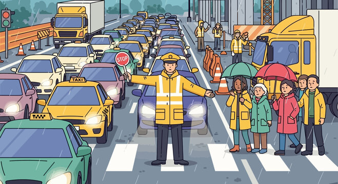 Traffic Jam: Police Officer Directs Cars and Pedestrians in City Street