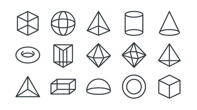 3D geometric shapes and wireframe volume icons.