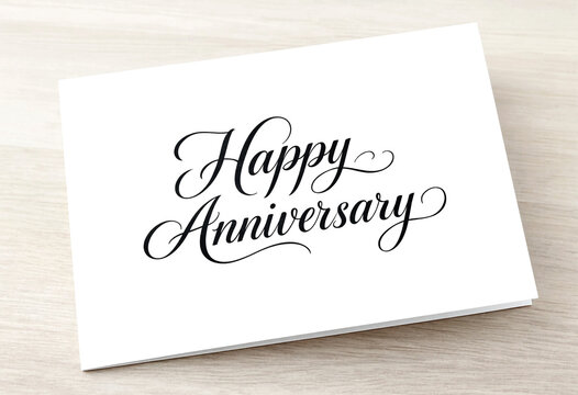 Elegant white greeting card with happy anniversary written in beautiful cursive script design