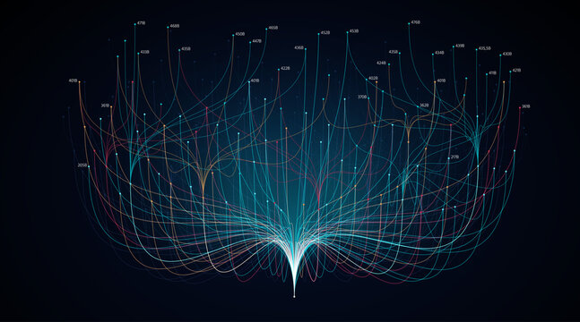 Abstract neural network structure with glowing cyan and orange nodes representing big data visualization and artificial intelligence background