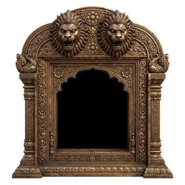 Monumental South Indian temple arch with carved lion guardians, deep opening and ornate bronze architectural frame
