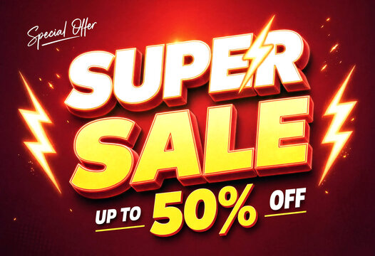 Eyecatching super sale banner design with lightning bolts and bold yellow text offering discounts