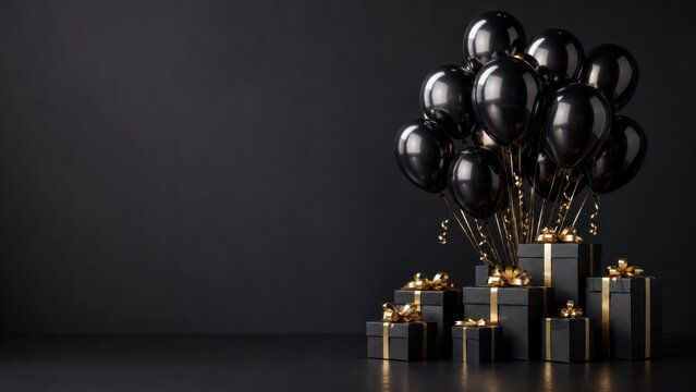 Black balloons with gift boxes and copy space