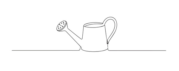 Obraz premium Single line drawing of a garden watering can. Continuous line drawing showing a simple watering can with a long spout for gardening and plant care.