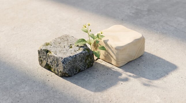 Two contrasting stone blocks with a small green plant growing between them.