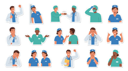 Fototapeta premium Medical Doctor Nurse Staff Emoticon Sticker Pack Flat Design