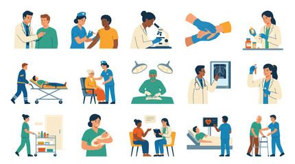 Fototapeta premium Flat Vector Medical Healthcare Professions and Patient Care Illustrations Collection