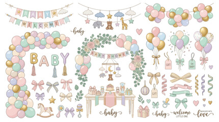 Fototapeta premium Baby Shower Celebration Decoration Elements Set Featuring Festive Balloons Garlands And Party Accessories Vector Illustration